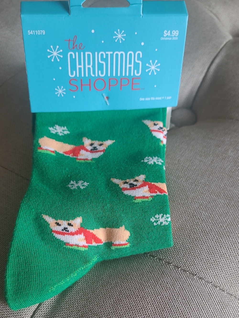 Women's Green Corgi Pattern Holiday Socks Bin 7